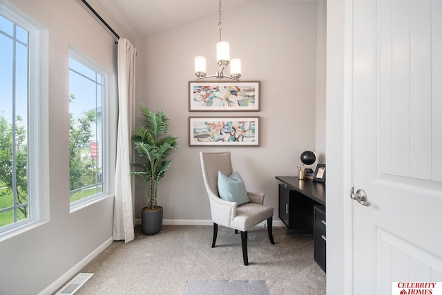 sitting room featuring visible vents, an inviting chandelier, baseboards, and carpet