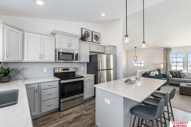 8238 N 175th St, Bennington, NE 68007 - kitchen featuring a center island, open floor plan, gray cabinets, and stainless steel appliances