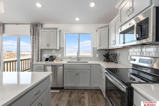 8238 N 175th St, Bennington, NE 68007 - kitchen with dark wood-style floors, recessed lighting, a sink, stainless steel appliances, and backsplash