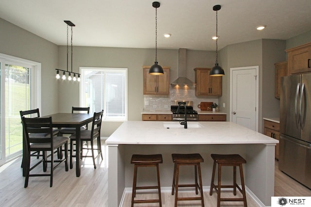 kitchen with backsplash, light wood-type flooring, appliances with stainless steel finishes, wall chimney exhaust hood, and a sink