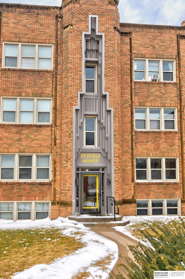 view of snow covered building