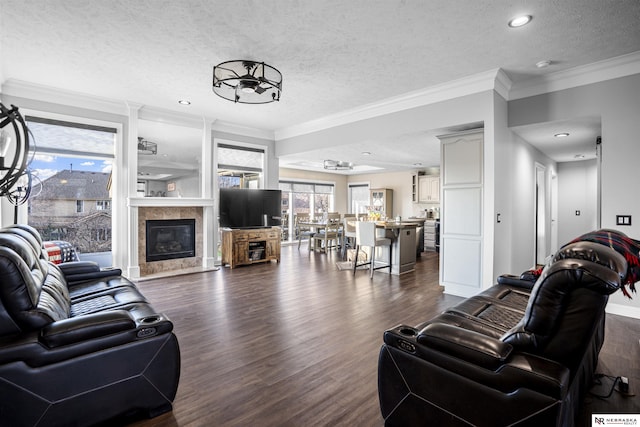 living room featuring a tile fireplace, a textured ceiling, dark wood-type flooring, and ornamental molding