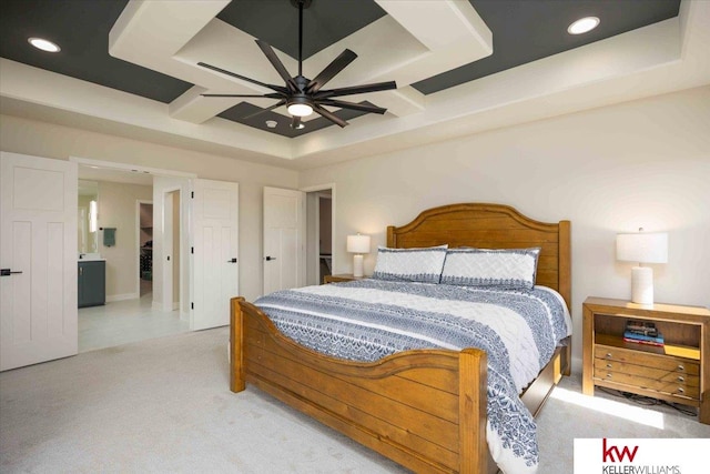 carpeted bedroom featuring recessed lighting, ensuite bathroom, and a ceiling fan