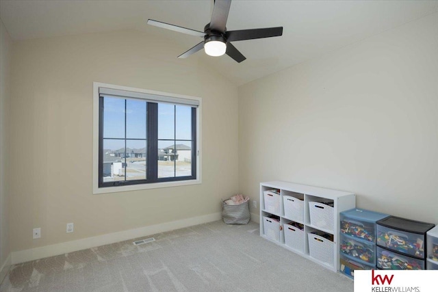 game room featuring visible vents, lofted ceiling, carpet floors, baseboards, and ceiling fan