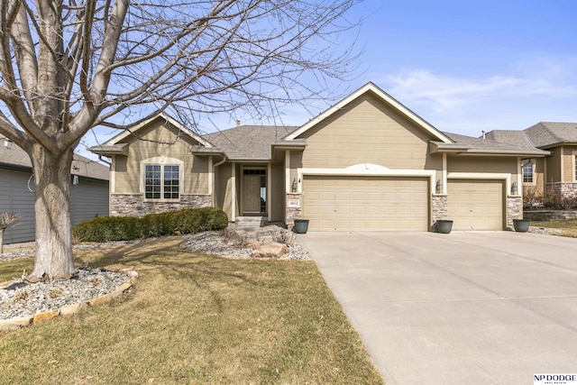 ranch-style home featuring stone siding, a shingled roof, concrete driveway, a front yard, and an attached garage