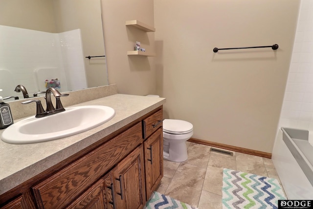 full bathroom with vanity, baseboards, visible vents, walk in shower, and toilet