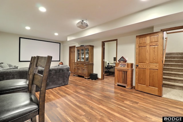 cinema room featuring recessed lighting and light wood-style floors