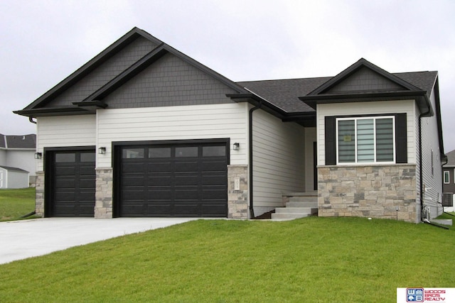 view of front facade with a garage, stone siding, concrete driveway, and a front lawn