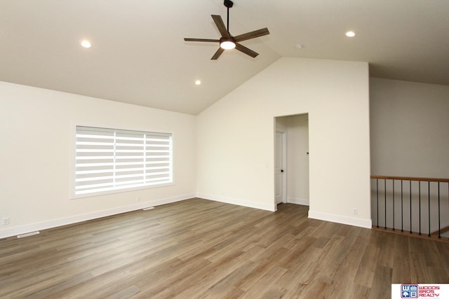 empty room with recessed lighting, ceiling fan, baseboards, and wood finished floors