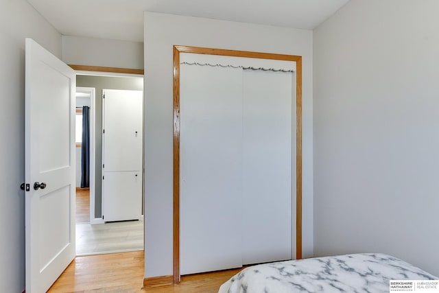 bedroom with wood finished floors and a closet