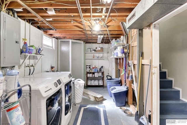 laundry room with electric panel, visible vents, laundry area, and washing machine and clothes dryer