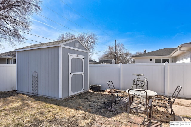 view of shed with a fenced backyard