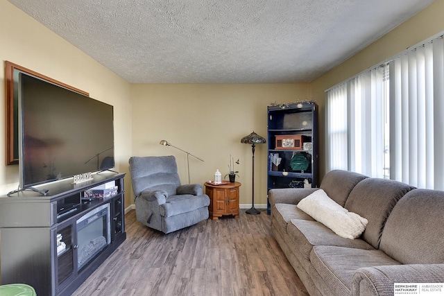 living room featuring a textured ceiling, baseboards, and wood finished floors