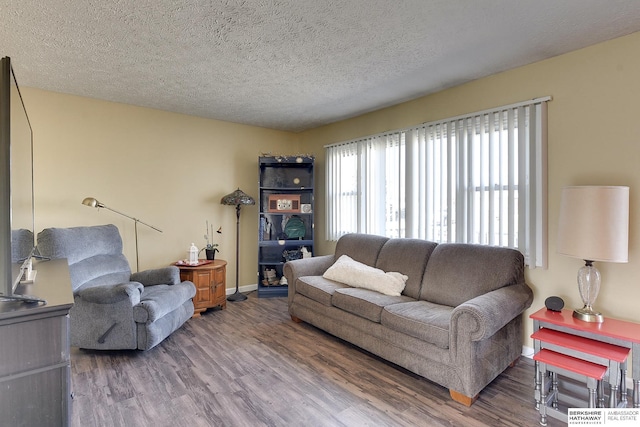 living room with baseboards, a textured ceiling, and wood finished floors