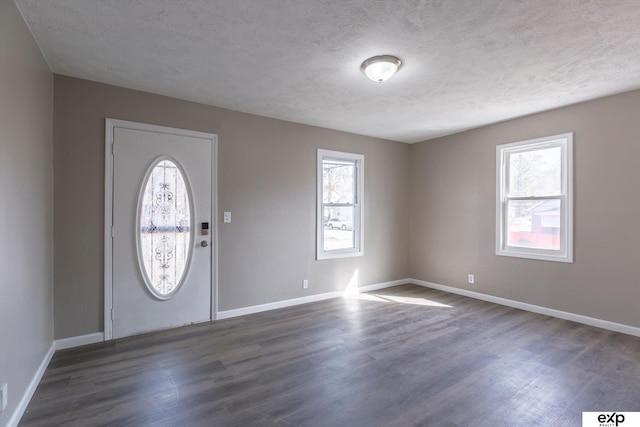 entryway with plenty of natural light, a textured ceiling, and dark wood-style floors