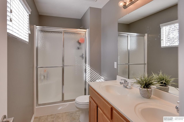 bathroom with a shower stall, toilet, and a sink