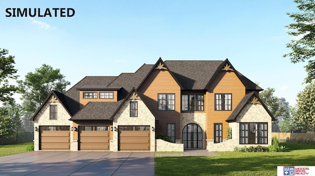 view of front of house featuring driveway, roof with shingles, an attached garage, a front lawn, and stone siding