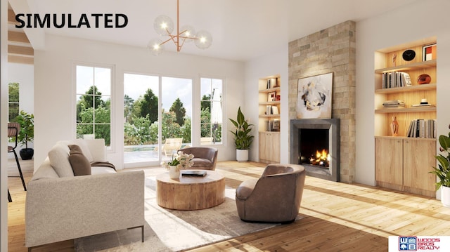 living area featuring an inviting chandelier, hardwood / wood-style flooring, a brick fireplace, and built in features