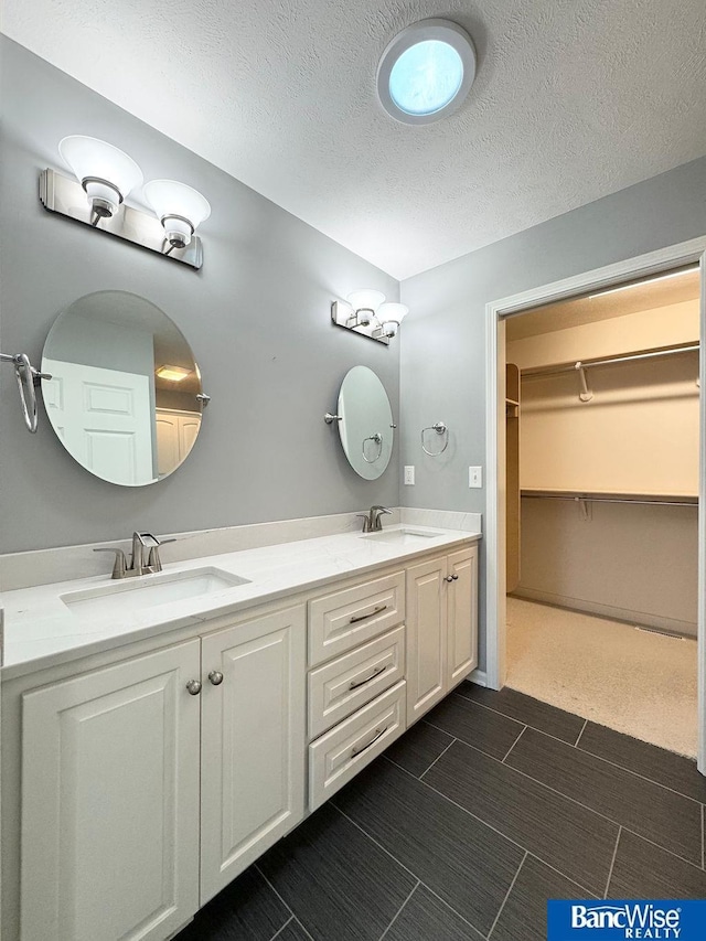 bathroom with a sink, a walk in closet, and double vanity