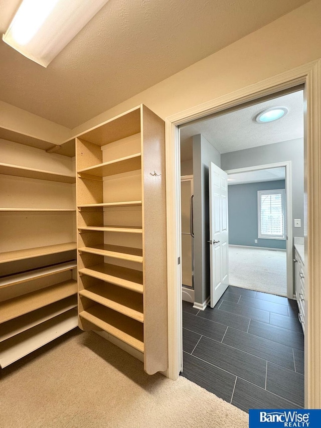 spacious closet featuring dark colored carpet