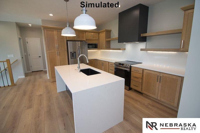 kitchen featuring range hood, light wood finished floors, open shelves, a sink, and appliances with stainless steel finishes