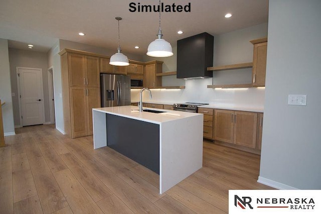 kitchen featuring light wood-type flooring, open shelves, a sink, range hood, and appliances with stainless steel finishes