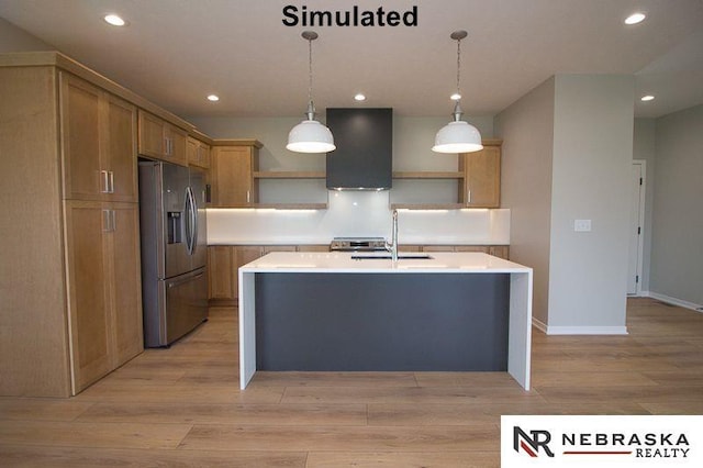 kitchen featuring open shelves, stainless steel fridge with ice dispenser, light wood-style floors, and a sink