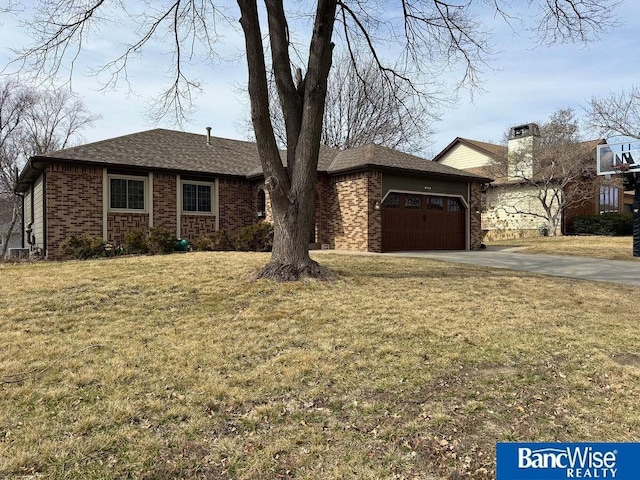 ranch-style home featuring driveway, brick siding, an attached garage, and a front lawn