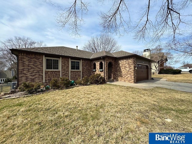 ranch-style house featuring brick siding, an attached garage, concrete driveway, and a chimney