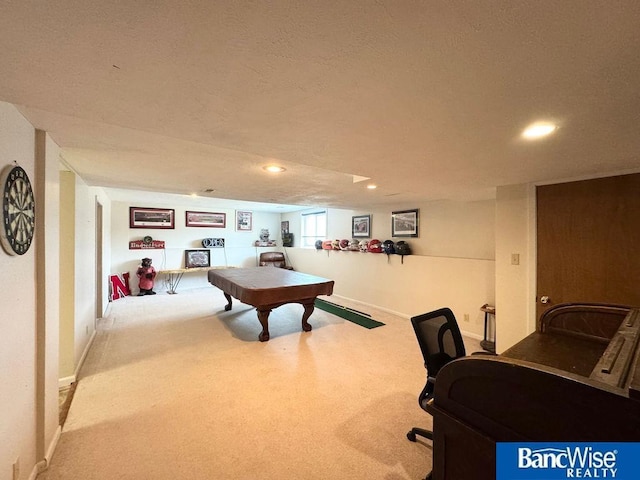 playroom with recessed lighting, pool table, and carpet