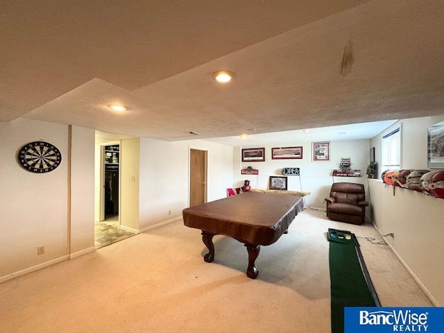 playroom with pool table, recessed lighting, baseboards, and light carpet