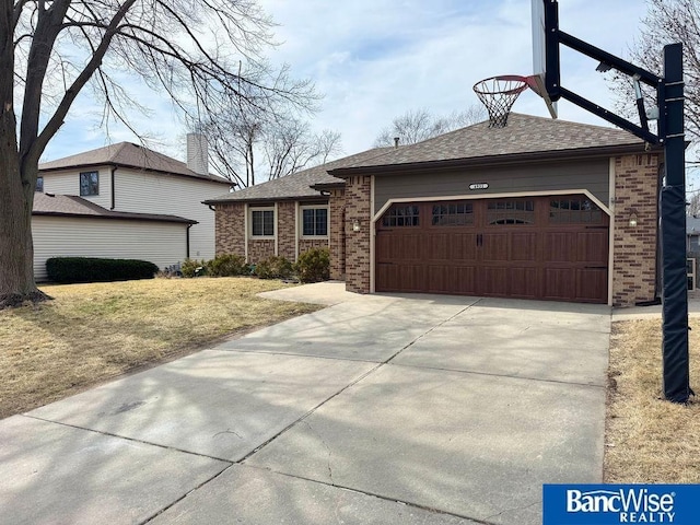 ranch-style house with a garage, brick siding, driveway, and a shingled roof