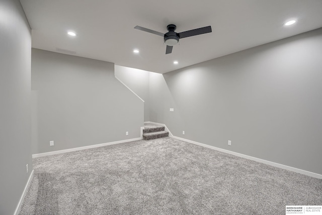 interior space with recessed lighting, baseboards, ceiling fan, and stairs