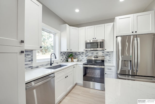 kitchen featuring white cabinetry, backsplash, appliances with stainless steel finishes, and a sink