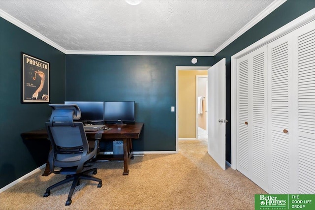 office with a textured ceiling, carpet flooring, and ornamental molding