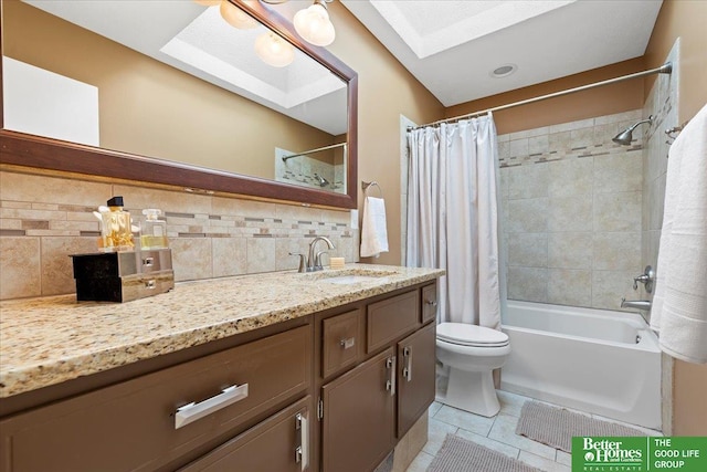 bathroom featuring tile patterned floors, toilet, shower / bath combination with curtain, decorative backsplash, and vanity