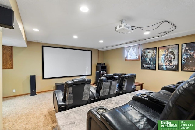 carpeted home theater featuring recessed lighting and baseboards