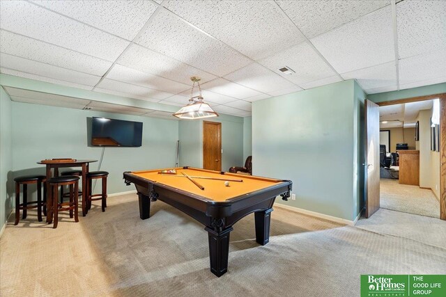 playroom with pool table, baseboards, a paneled ceiling, and carpet