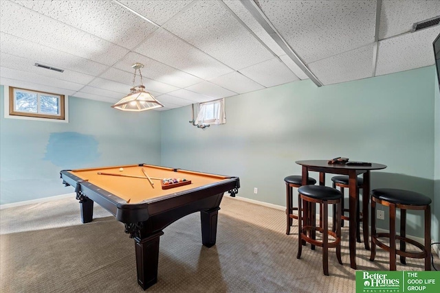 playroom with visible vents, a paneled ceiling, baseboards, and carpet floors