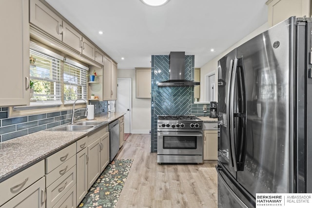 kitchen featuring light wood-style flooring, a sink, decorative backsplash, stainless steel appliances, and wall chimney exhaust hood