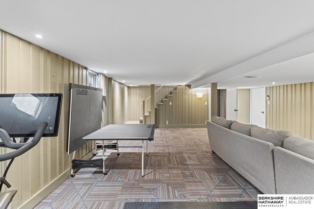 recreation room featuring recessed lighting and carpet floors