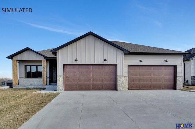 view of front of home with board and batten siding, a shingled roof, concrete driveway, stone siding, and an attached garage