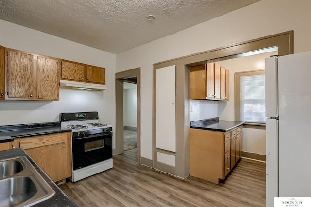 kitchen featuring range with gas stovetop, light wood finished floors, freestanding refrigerator, a sink, and under cabinet range hood