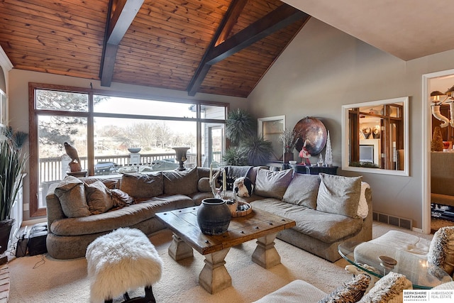 carpeted living area with beam ceiling, visible vents, wooden ceiling, and high vaulted ceiling