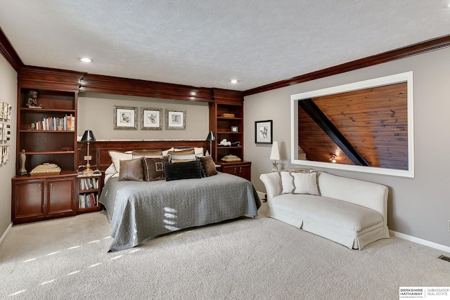 bedroom featuring light carpet, a textured ceiling, crown molding, and baseboards