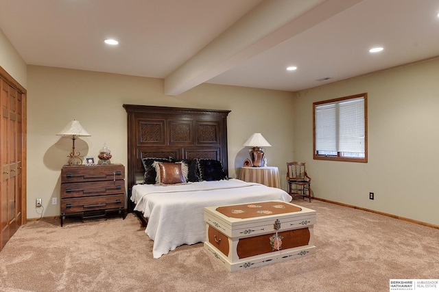 bedroom with light carpet, beam ceiling, recessed lighting, and baseboards