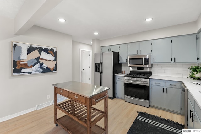 kitchen with visible vents, light wood-style flooring, gray cabinetry, stainless steel appliances, and tasteful backsplash