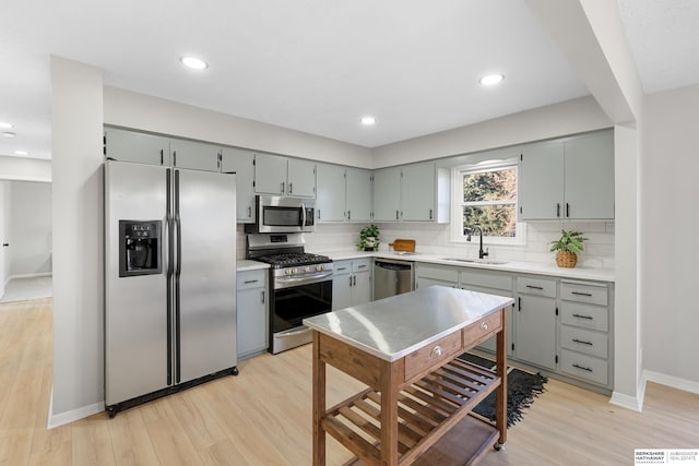 kitchen with gray cabinetry, a sink, backsplash, stainless steel appliances, and light wood finished floors