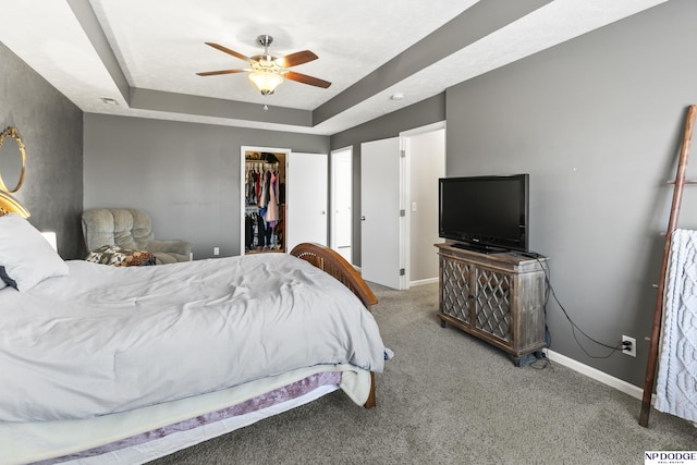 carpeted bedroom with a walk in closet, a tray ceiling, a closet, baseboards, and ceiling fan