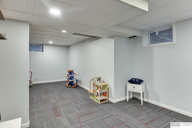 game room with recessed lighting, a paneled ceiling, baseboards, and carpet floors